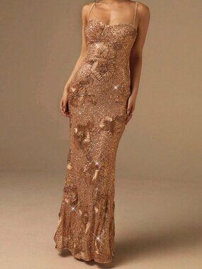 Gold Elegant Spaghetti Strap Waist-Cinched Women's Jacquard Sequin Dress